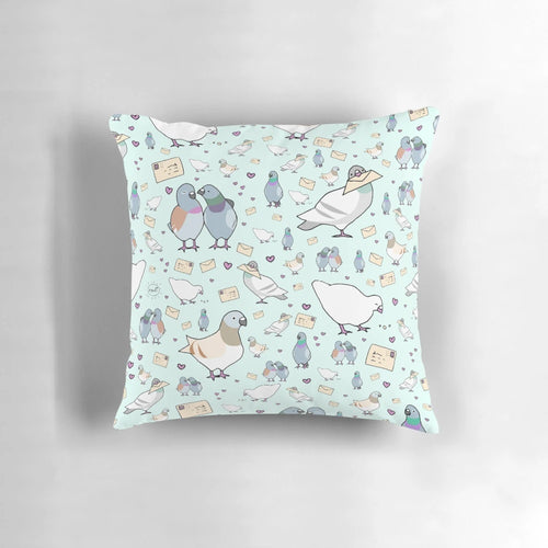 Soft, plush pillow featuring a vibrant, detailed image of cute, cooing pigeons.