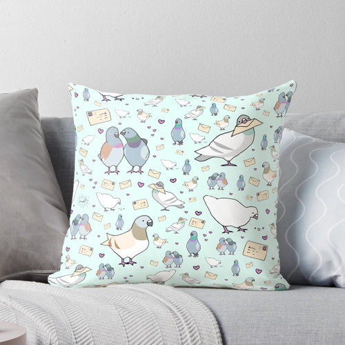 Soft, plush pillow featuring a vibrant, detailed image of cute, cooing pigeons.