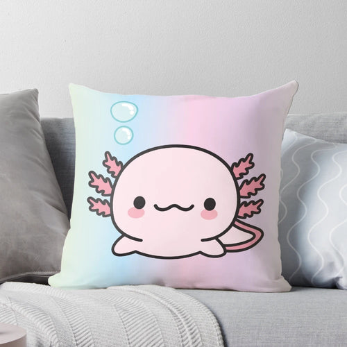 Soft, pink axolotl-shaped pillow with a playful, doodle-like design, perfect for adding a touch of cuteness to any room.
