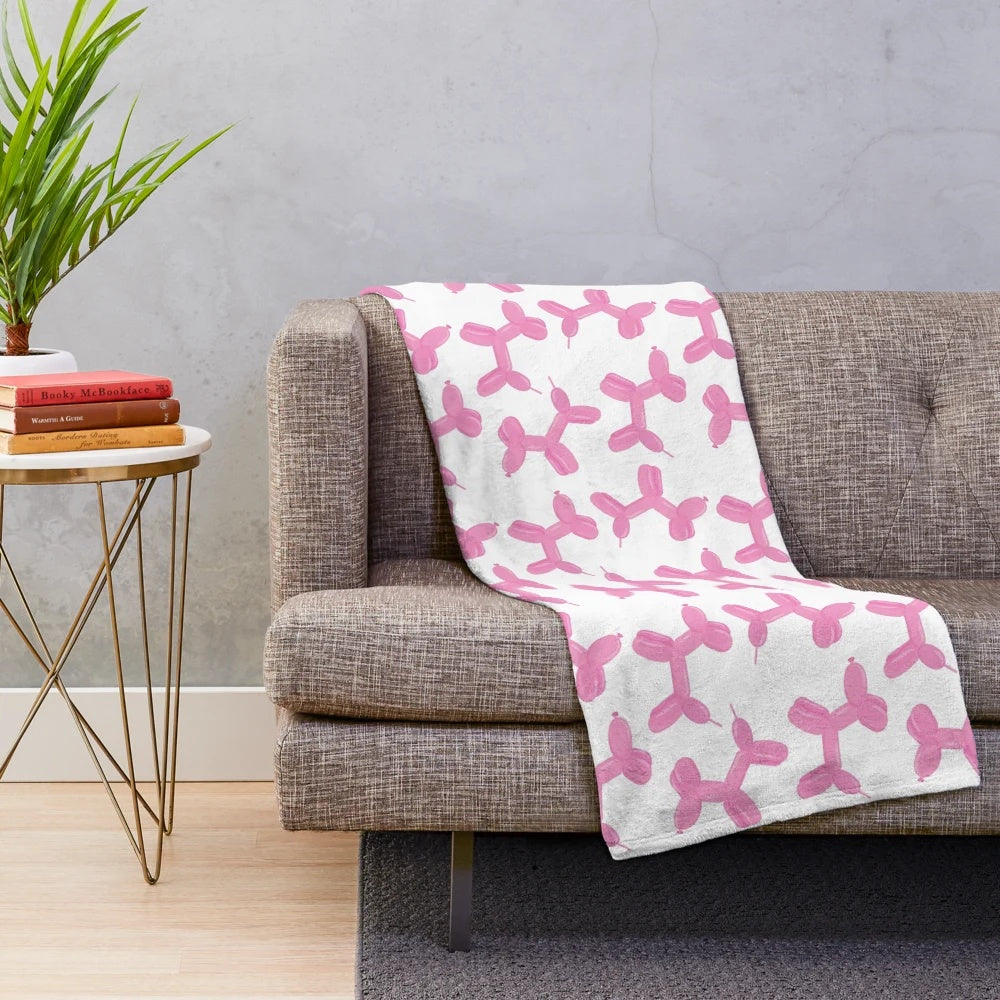 Soft pink dog balloon plush blanket with cute cartoon dog design