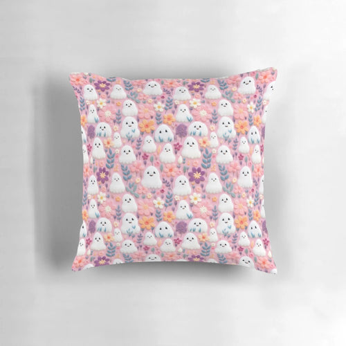 Cute pink and pastel floral Halloween pillow with a spooky boo ghost design
