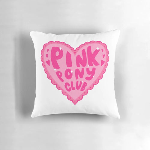 Soft, pink pillow with a sticker design inspired by the Chappell Roan song "Pink Pony Club".