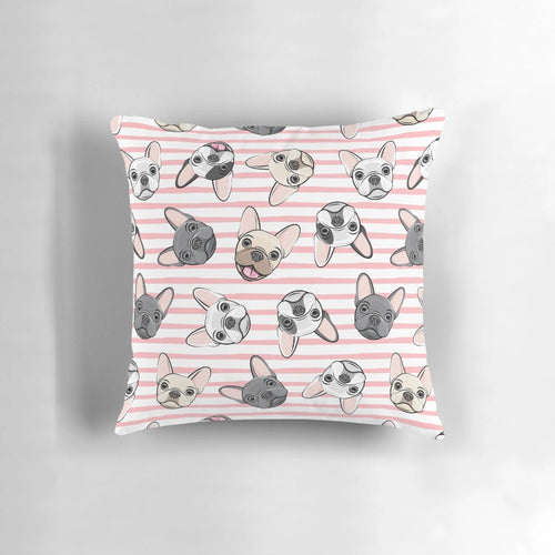 Soft, plush Pillow featuring a pink and white striped French Bulldog design.