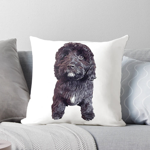 Soft and cuddly pillow featuring an adorable poodle cross puppy in a chocolate color