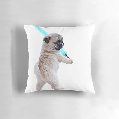 Cute pug puppy holding a lightsaber printed on a plush, high-quality pillow