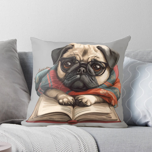 Pug reading a book on a cozy decorative throw pillow