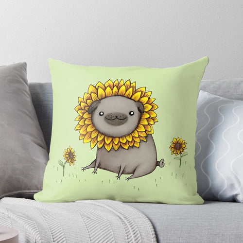 Cozy and colorful pugflower pillow with a happy pug face and sunflower design