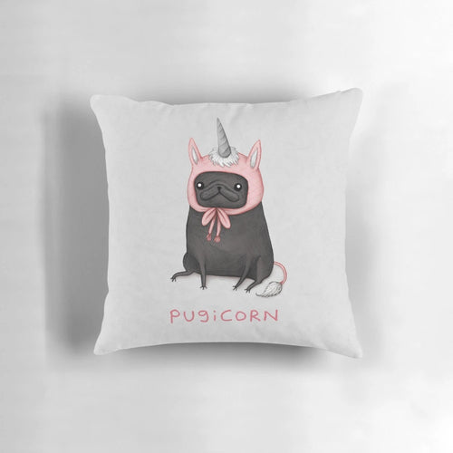Soft, plush pugicorn pillow with a cute pug and unicorn design