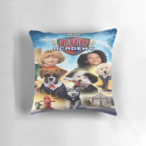 Cute and cuddly Pup Academy-themed pillow with a puppy design, perfect for animal crossing lovers.