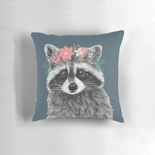 Decorative throw pillow featuring a cute raccoon wearing a floral crown