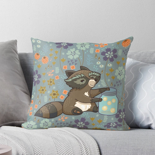 A fluffy pillow featuring a cute and funny cartoon raccoon collecting flowers and leaves