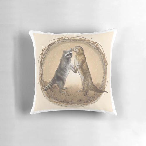 Illustration of raccoon and river otter cuddling on a soft, plush pillow