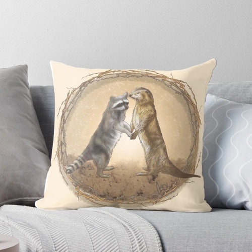 Illustration of raccoon and river otter cuddling on a soft, plush pillow