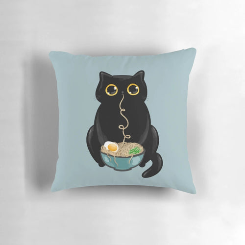 Ramen Cat Pillow - A cozy and cute cat-themed pillow featuring a black cat with big eyes enjoying a bowl of ramen noodles.