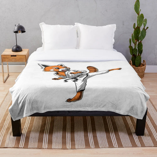 Red panda bear in karate pose on cozy plush blanket