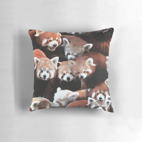Soft, plush red panda pillow featuring a collage of cute animal friends