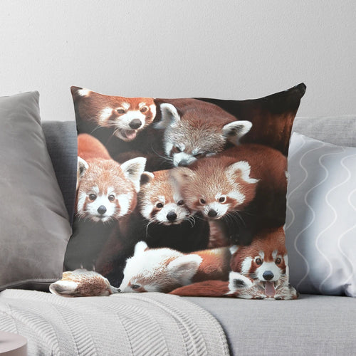 Soft, plush red panda pillow featuring a collage of cute animal friends