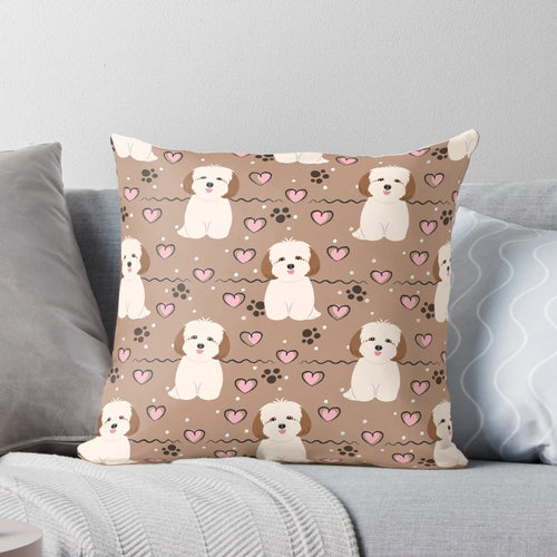 Soft, cuddly pillow featuring a cute red sable and white Lhasa Apso Shih Tzu dog design.