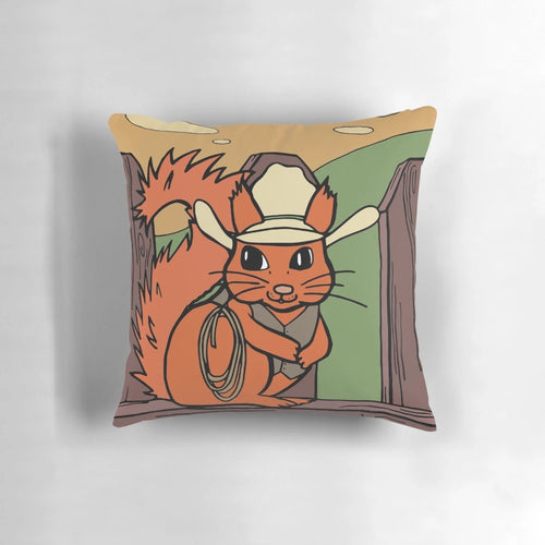 Cozy red squirrel wearing a cowboy hat and lasso on a decorative pillow