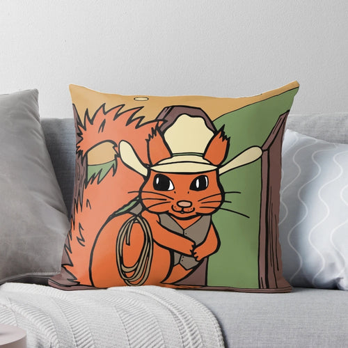 Cozy red squirrel wearing a cowboy hat and lasso on a decorative pillow
