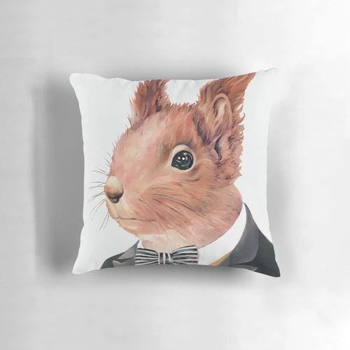 A decorative pillow featuring a cute red squirrel dressed in a tuxedo, perfect for a woodland-themed nursery or child's room.