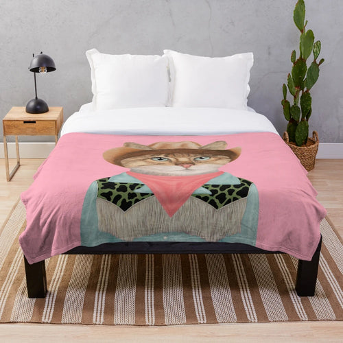 A cozy and cute plush blanket featuring a rodeo kitty or cowboy cat design