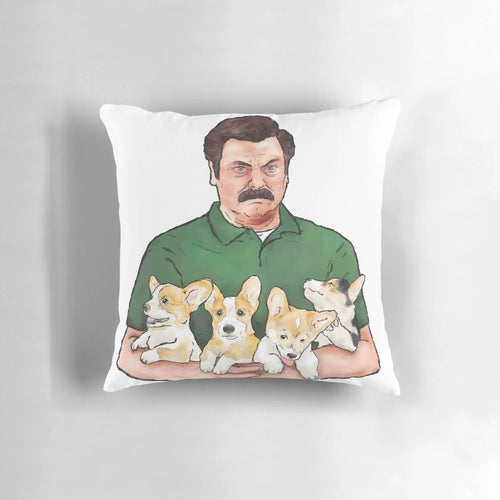 Playful corgi puppies being held by a gruff-looking Ron Swanson from the TV show Parks and Recreation.
