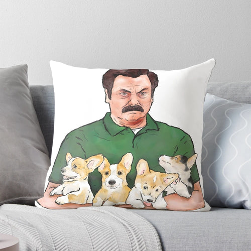 Playful corgi puppies being held by a gruff-looking Ron Swanson from the TV show Parks and Recreation.
