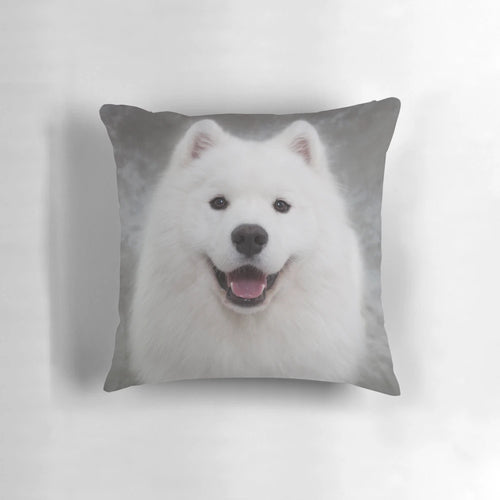 Soft, fluffy Samoyed puppy dog pillow with a sweet, smiling expression