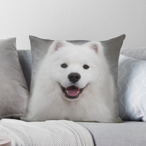 Soft, fluffy Samoyed puppy dog pillow with a sweet, smiling expression