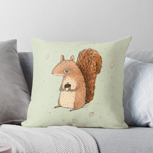 Soft, cuddly plush pillow featuring a cute squirrel design, perfect for fall and winter home accents.