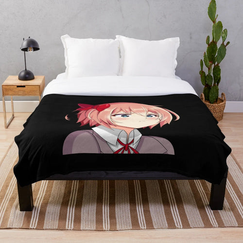 Cute Sayori anime girl pouting on a plush blanket