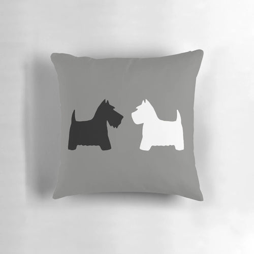 Scottie and Westie dog portraits in a cozy pillow design by artist Michelle Phong
