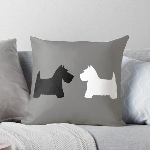 Scottie and Westie dog portraits in a cozy pillow design by artist Michelle Phong