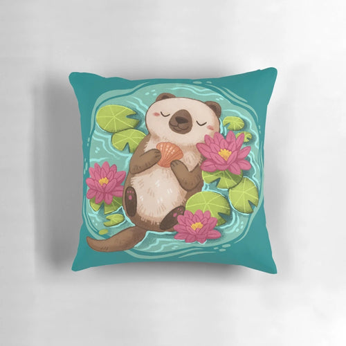 A soft, plush pillow featuring a happy sea otter surrounded by lotus flowers and pond elements.