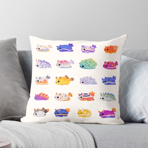 Colorful pillow featuring a bright and cheerful sea slug or nudibranch design