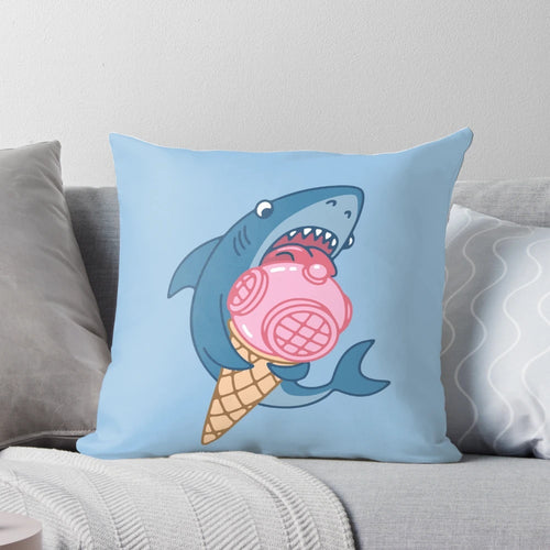 Cozy pillow featuring a cute shark and ice cream design, perfect for adding a touch of whimsy to your home.