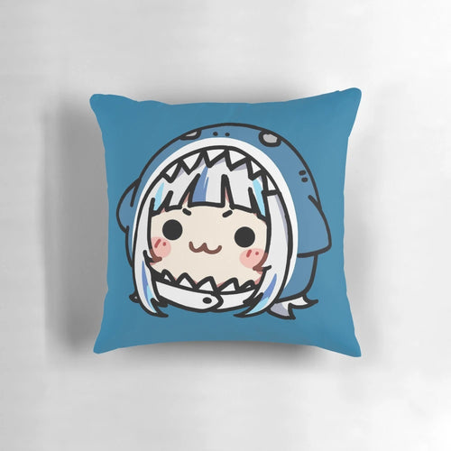 Soft and cuddly blue shark plush pillow with Gawr Gura and Ame Watson design