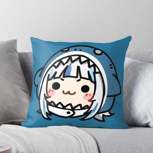 Soft and cuddly blue shark plush pillow with Gawr Gura and Ame Watson design