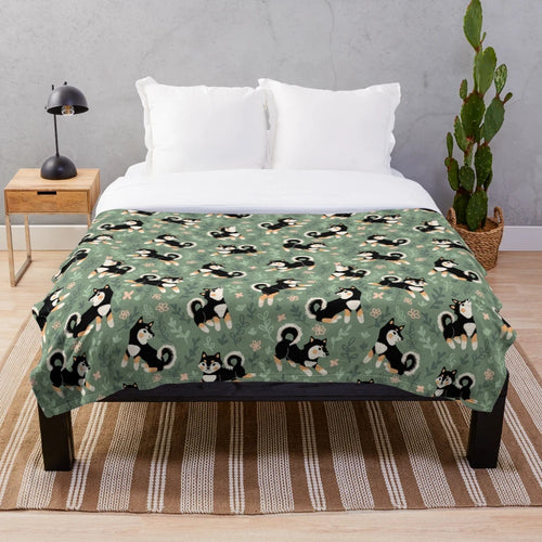 Playful black and tan Shiba Inu pattern plush blanket