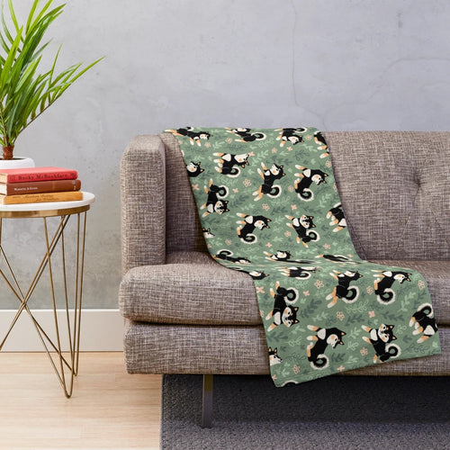 Playful black and tan Shiba Inu pattern plush blanket