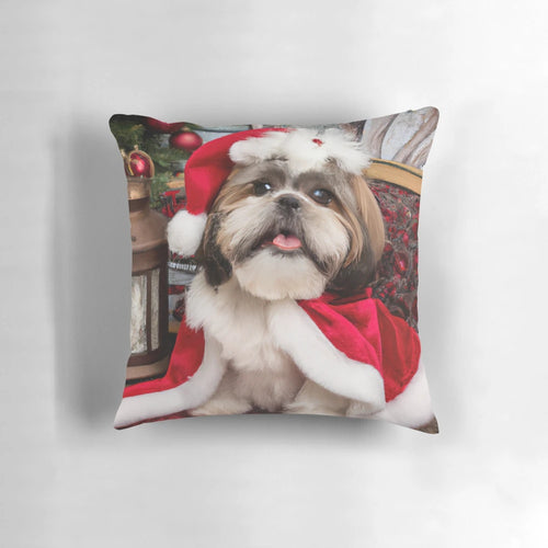 Shih Tzu wearing a Santa hat and sitting in a Christmas-themed photo