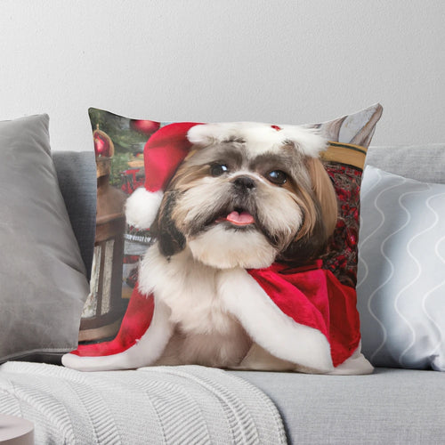 Shih Tzu wearing a Santa hat and sitting in a Christmas-themed photo