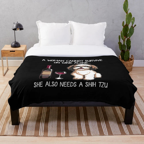 Shih Tzu dog plush blanket with wine theme