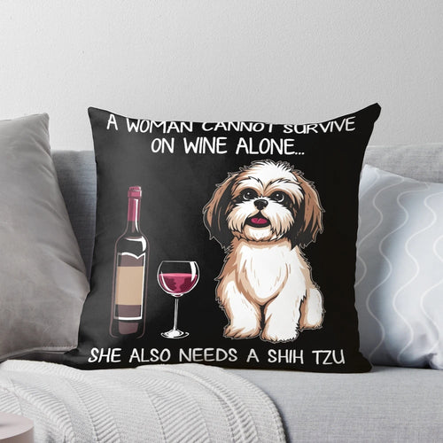 Shih Tzu dog breed themed decorative throw pillow with wine glass
