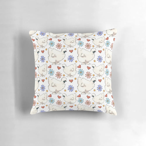 Soft, plush pillow featuring a charming silkie chicken pattern, perfect for chicken lovers.