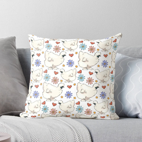 Soft, plush pillow featuring a charming silkie chicken pattern, perfect for chicken lovers.