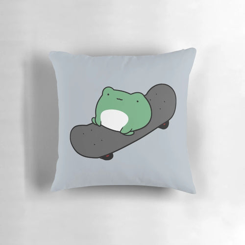 Whimsical throw pillow featuring a frog riding a skateboard