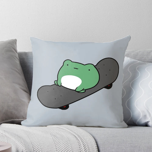 Whimsical throw pillow featuring a frog riding a skateboard