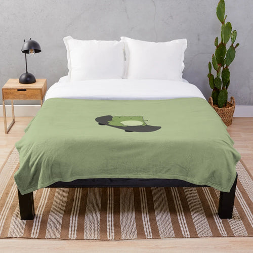 Chubby skateboarding frog plush blanket with a kawaii cottagecore aesthetic